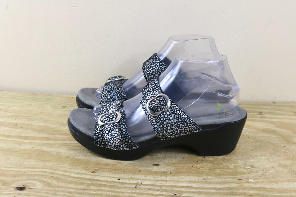 Dansko Womens Sandals 10 Sophie Black Blue White Polka Dot Leather Wedge Shoes
